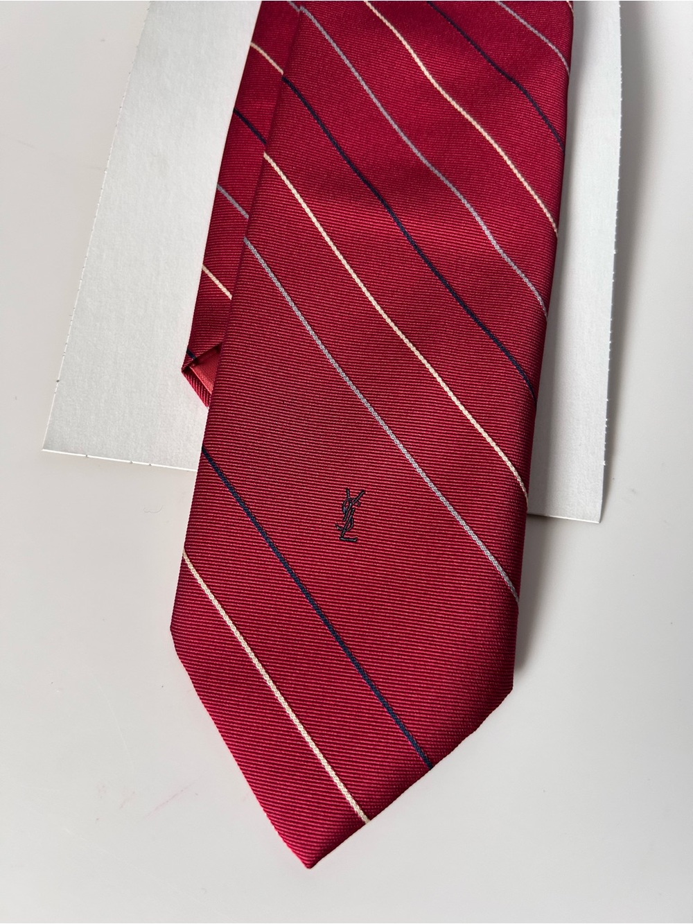 Yves Saint Laurent Red Striped Silk Tie with Navy & Cream Accents YSL
